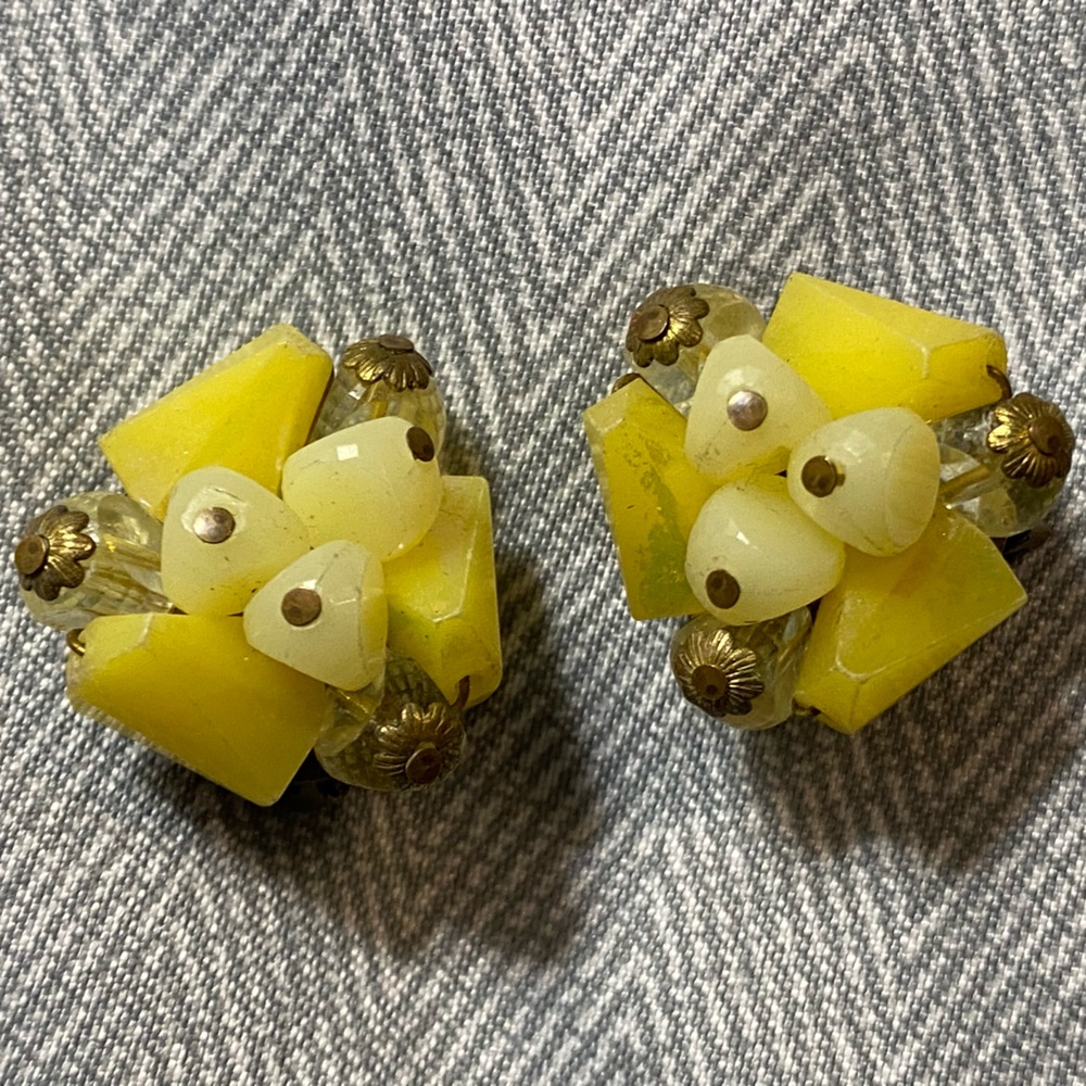 SALE 5/$25!! Antique brass clip on earrings,West Germany,yellow abstract beads